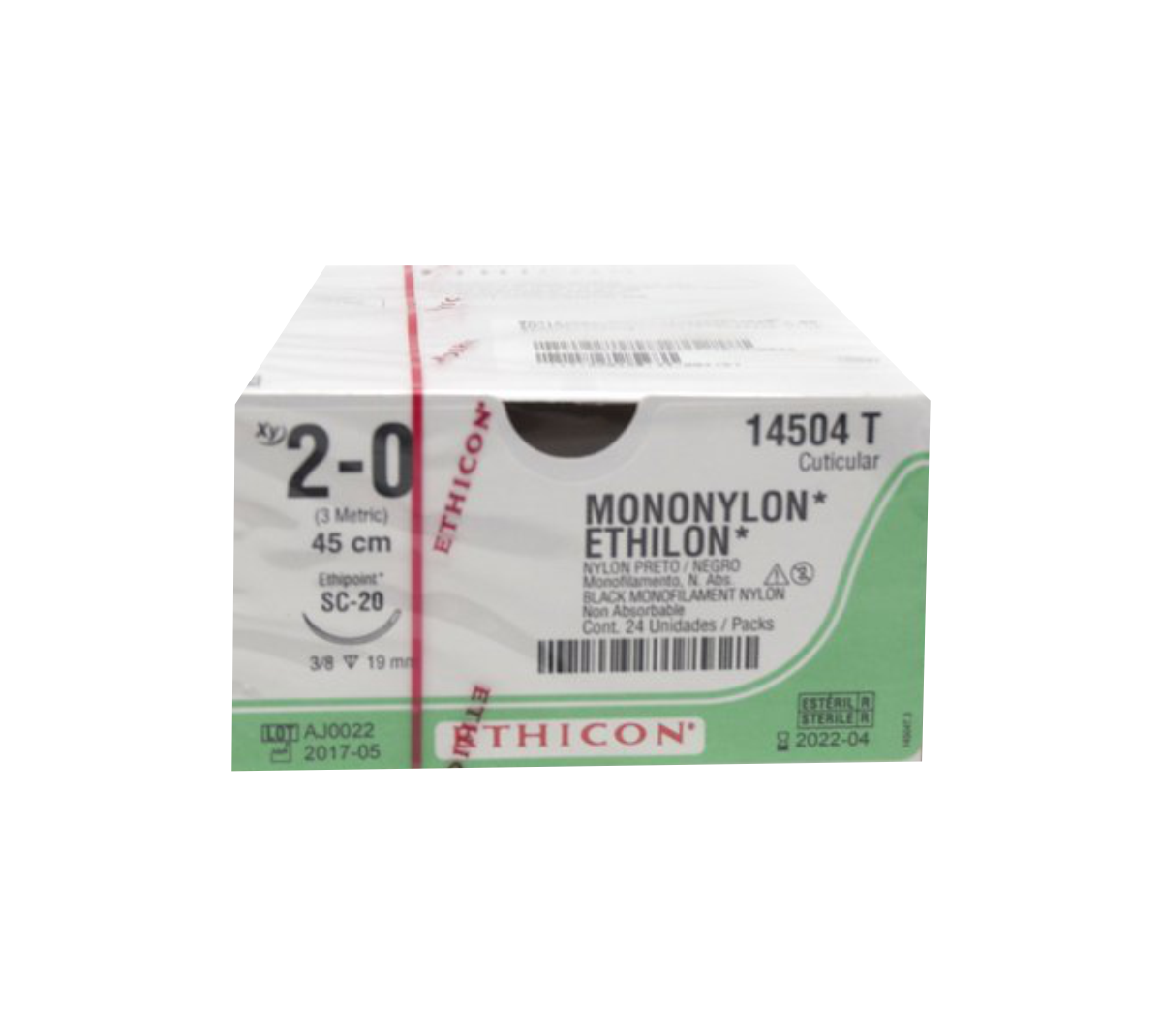 ETHILON Sutura de Nylon 2-0. LONG.45CM. AGUJASC-20(19MM). 3/8 CIRCULO"REVERSO CORTANTE" CUTICULAR.