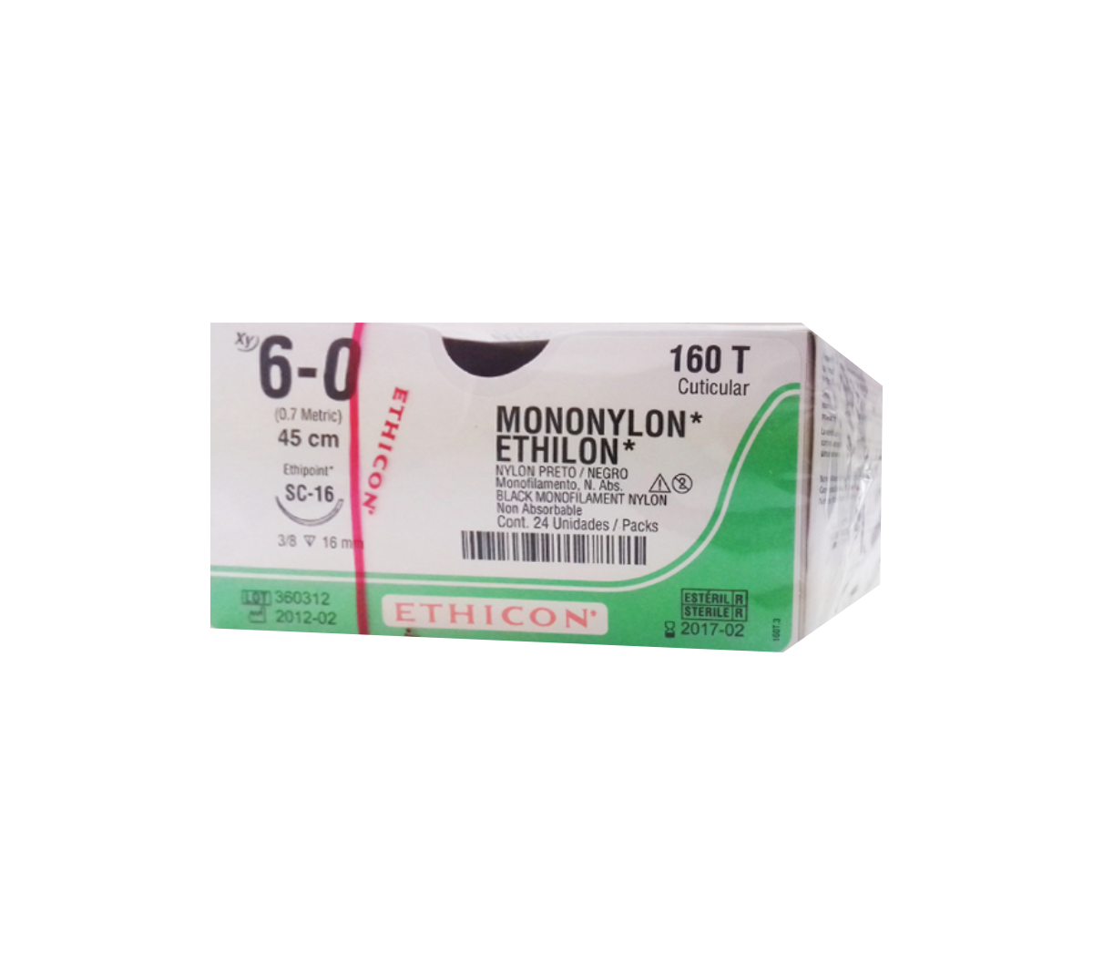 ETHILON Sutura de Nylon 6-0. LONG.45CM AGUJASC-16 (16MM). 3/8CIRCULO"REVERSO CORTANTE" CUTICULAR.