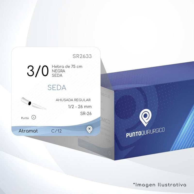 SUTURA ATRAMAT SEDA NEGRA USP 3-0, 75 CM AGUJA SR-26 AHUSADA REGULAR PREMIUM 26 MM 1/2 CIRCULO