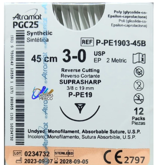 PGC25 3-0 (Monocryl) Aguja Cortante Precisión SUPRASHARP de 19 mm Hebra 45 CM Incoloro Linea Premium Atramat