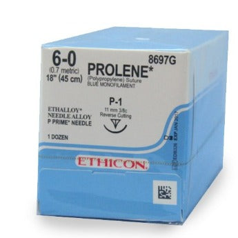 SUTURA DE POLIPROPILENO, MONOFILAMENTO, CALIBRE 6/0, AGUJA DE 3/8 CIRCULO REVERSO CORTANTE PRIME, DE 11.0 MM (P-1) HEBRA DE 45 CM