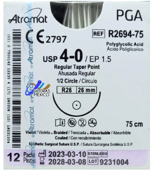 ACIDO POLIGLICOLICO PGA 4-0 AGUJA AHUSADA DE 26 MM HEBRA 75 CM VIOLETA ATRAMAT R2694-75 LINEA CONVENCIONAL