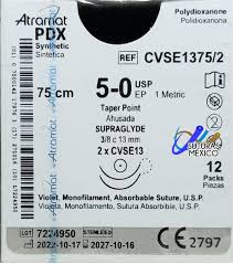 SUTURA PDX 5-0 (POLIDIOXANONA) AGUJA AHUSADA SUPRAGLYDE 3/8 DE 13 MM DOBLE ARMADA HEBRA 75 CM VIOLETA ATRAMAT CVSE1375/2 LINEA PREMIUM