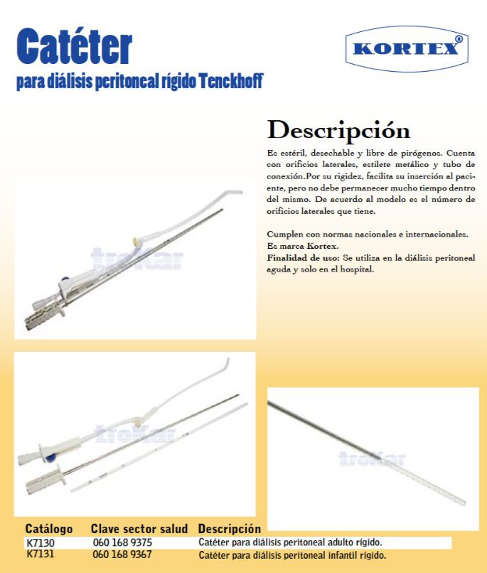 Catéter para diálisis peritoneal rígido Tenckhoff. Adulto e infantil.