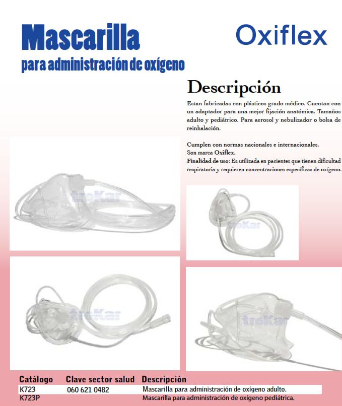 Mascarilla para administración de oxígeno adulto y pediátrica.