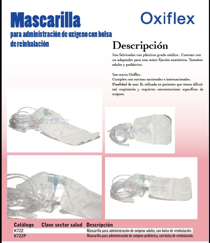 Mascarilla para administración de oxígeno con bolsa de reinhalación. Adulto y pediátrica.