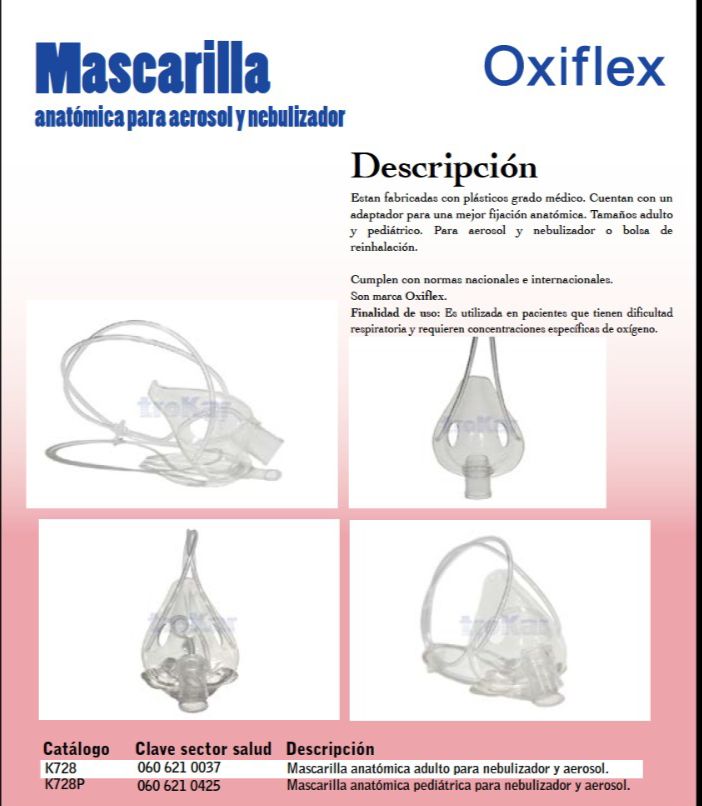 Mascarilla anatómica para nebulizador y aerosol. Adulto y pediátrica.