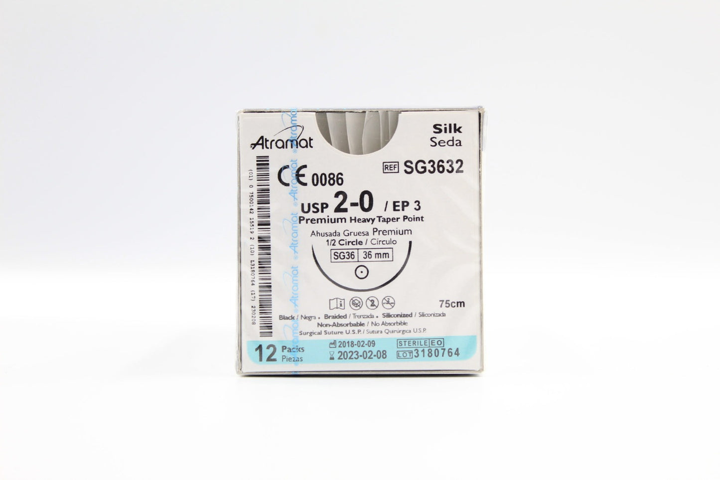 SUTURA ATRAMAT SEDA NEGRA USP 2-0, 75 CM AGUJA SG-36 AHUSADA GRUESA PREMIUM 36 MM 1/2 CIRCULO