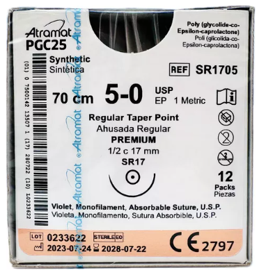 PGC25 sutura de poliglecaprone25 violeta 5-0, 45 cm aguja ahusada 1/2 17mm