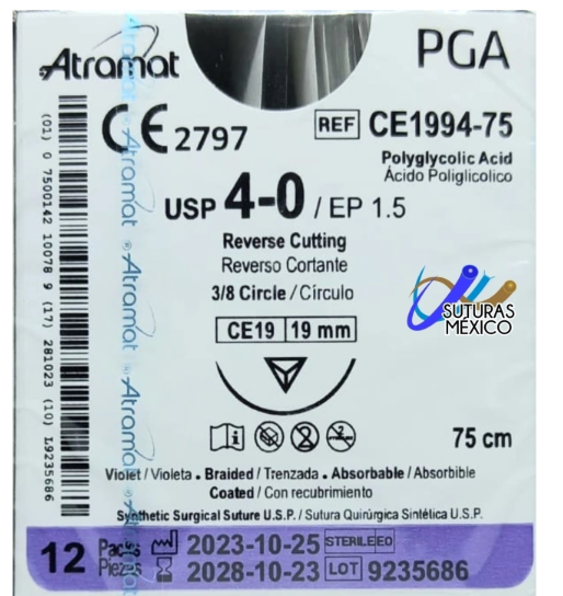 Sutura Acido Poliglicolico PGA 4-0 Aguja Reverso Cortante de 19 mm Hebra 75 cm Violeta Atramat caja c/12