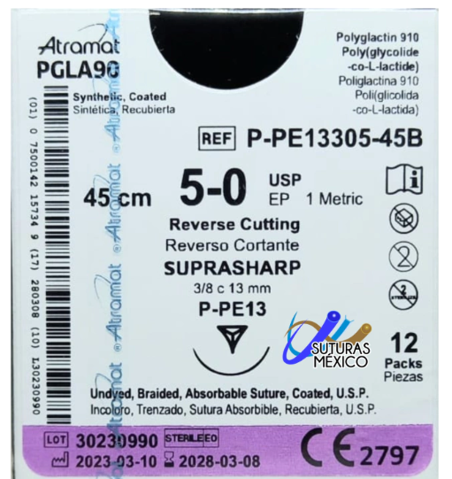 PGLA90 5-0 (Vicryl) Aguja Cortante de 13 mm Hebra 45 cm Incoloro Atramat