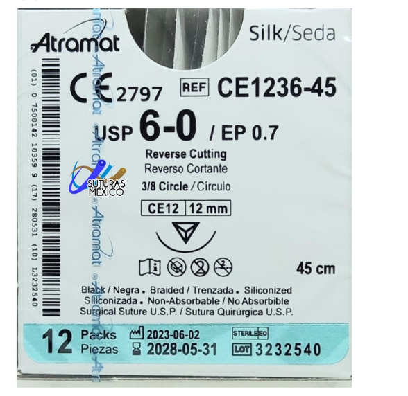 Seda 6-0 Aguja Reverso Cortante de 12 mm Hebra 45 Marca Atramat CE1236-45 Caja con 12 Piezas
