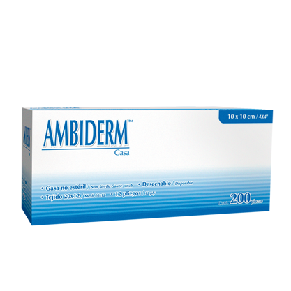 Gasa no estéril de algodón Ambiderm 12 pliegos trama 20 x 12, 10 x 10 y 7.5 x 5 cm caja con 200 pz