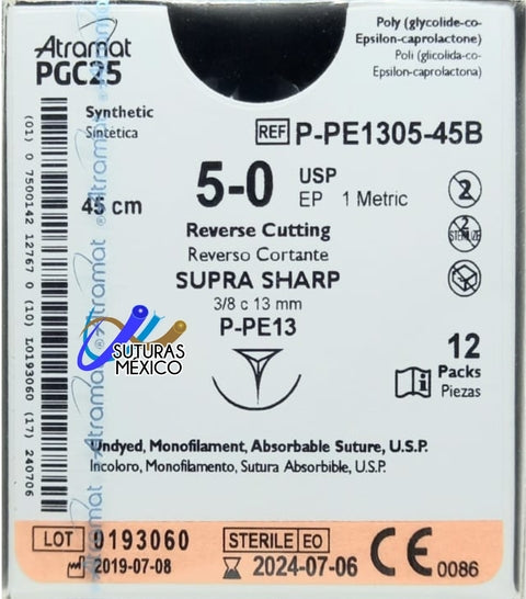 Sutura PGC25 ("monocryl) Atramat 5-0 reverso cortante 13 mm Supra sharp 3/8 45 cm caja con 12