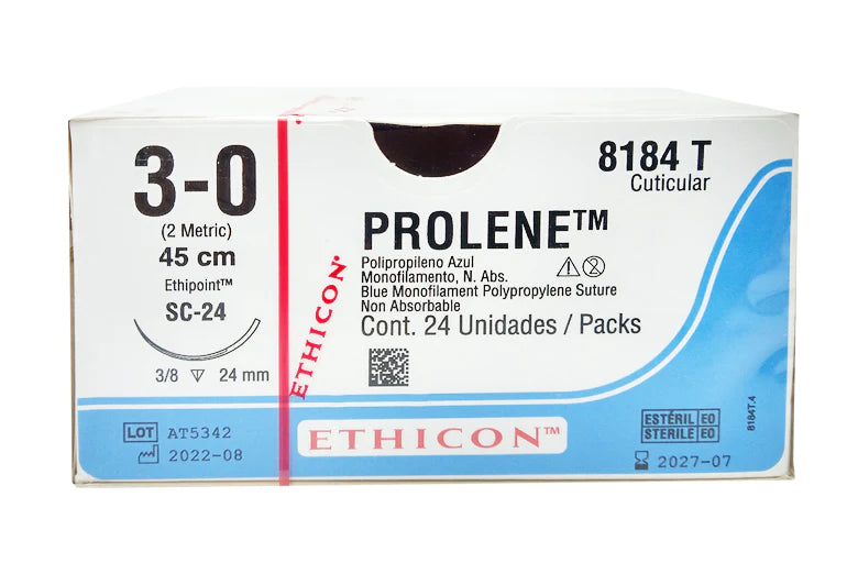 PROLENE Sutura de Prolipopileno 3-0. LONG-45CM. AGUJA SC-24 (24MM). 3/8 CIRCULO REVERSO CORTANTE