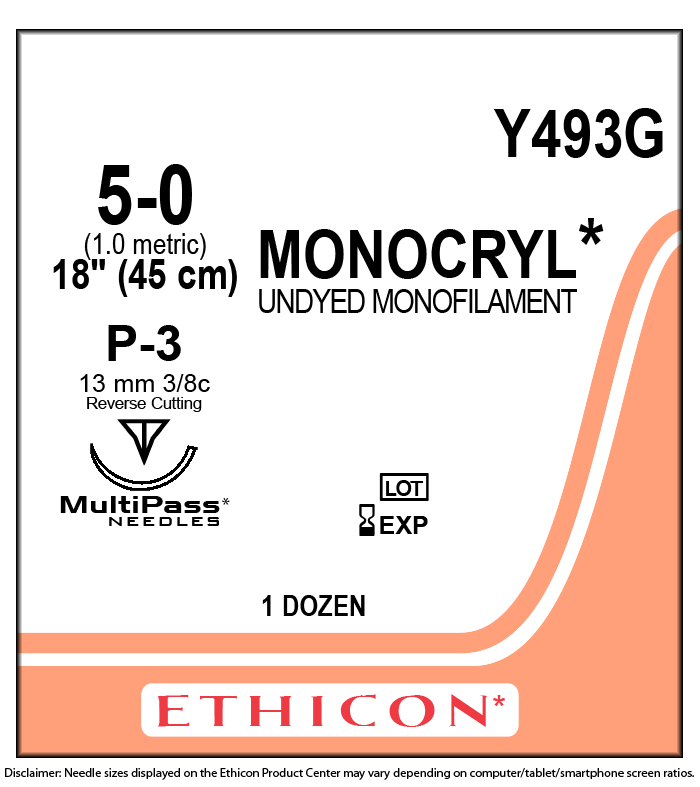MONOCRYL 5-0 LONG 45 CM AGUJA P-3 13MM 3/8 CIRCULO REVERSO CORTANTE PLASTICA