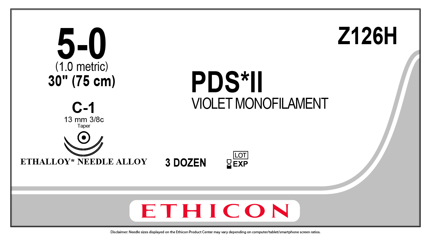 PDS II Sutura Polidioxanona VIOLETA 5-0 LONG. 75 CM AGUJA C-1 D/A (13 MM) 3/8 CIRCULO "AHUSADA" CARDIO