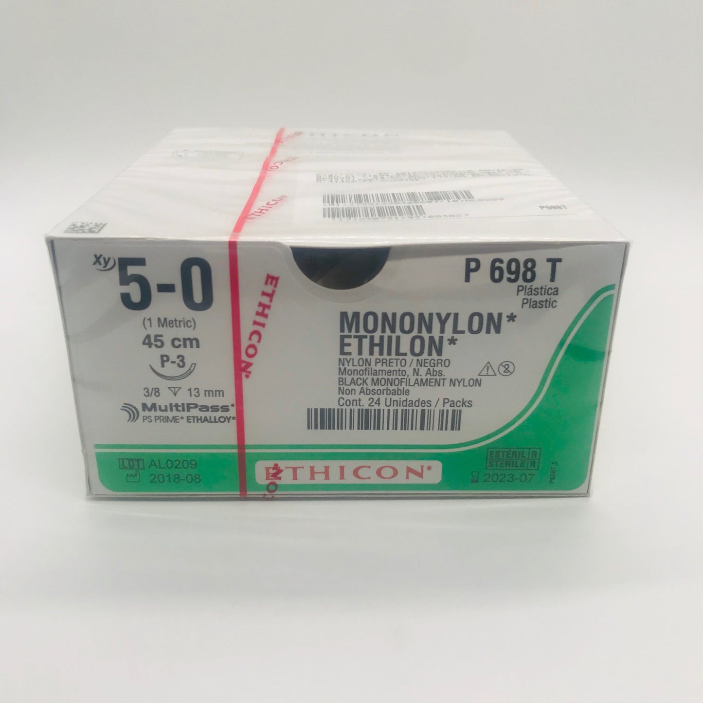 ETHILON Sutura de Nylon 5-0. LONG .45CM. AGUJA P-3(13MM). 3/8 CIRCULO "REVERSO CORTANTE"