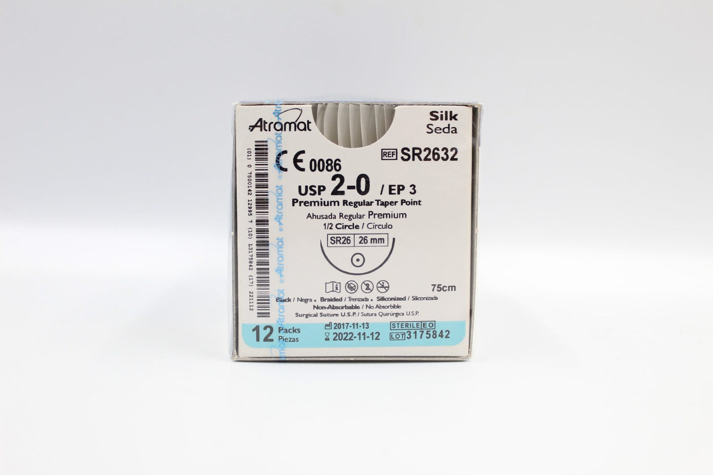 SUTURA ATRAMAT SEDA NEGRA USP 2-0, 75 CM AGUJA SR-26 AHUSADA REGULAR PREMIUM 26 MM 1/2 CIRCULO