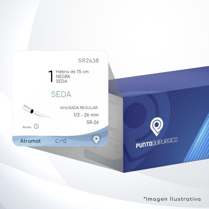 SUTURA ATRAMAT SEDA NEGRA USP 1, 75 CM AGUJA SR-26 AHUSADA REGULAR PREMIUM 26 MM 1/2 CIRCULO