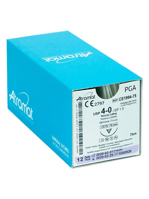PGA Sutura de ácido poliglicolico violeta 4-0 con aguja 3/8 19 mm reverso cortante