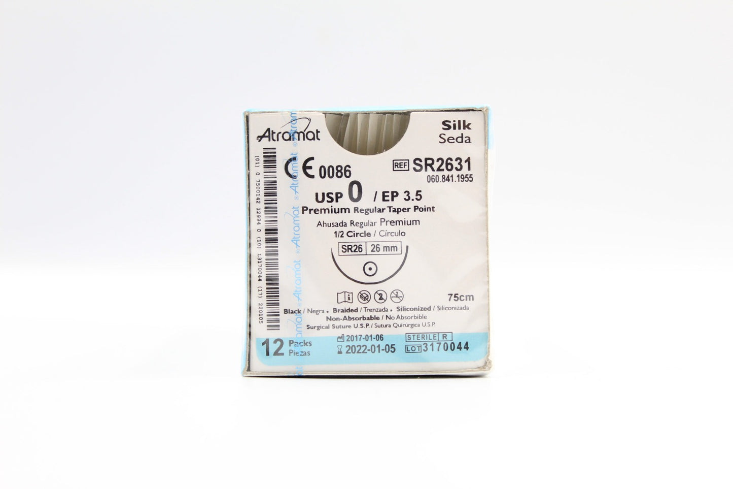 SUTURA ATRAMAT SEDA NEGRA USP 0, 75 CM AGUJA SR-26 AHUSADA REGULAR PREMIUM 26 MM 1/2 CIRCULO