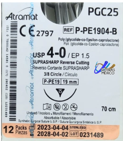 PGC25 4-0 (Monocryl) Aguja Cortante Precisión de 19 mm Hebra 70 CM Incoloro Linea Premium Atramat