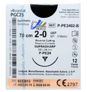 PGC25 2-0 (Monocryl) Aguja Reverso Cortante SupraSharp de 24 mm Hebra 70 CM Incoloro Linea Premium Atramat