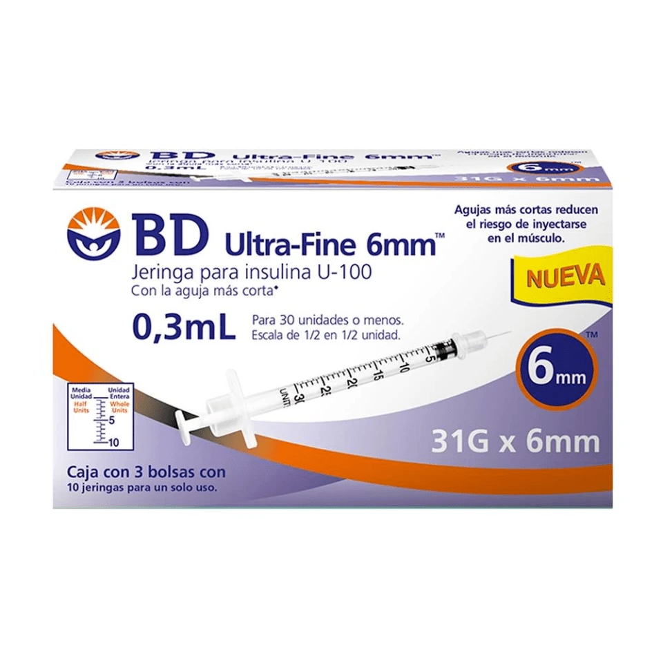 Jeringa para insulina 31G x 6 mm 0.3 ml con aguja integrada – MD