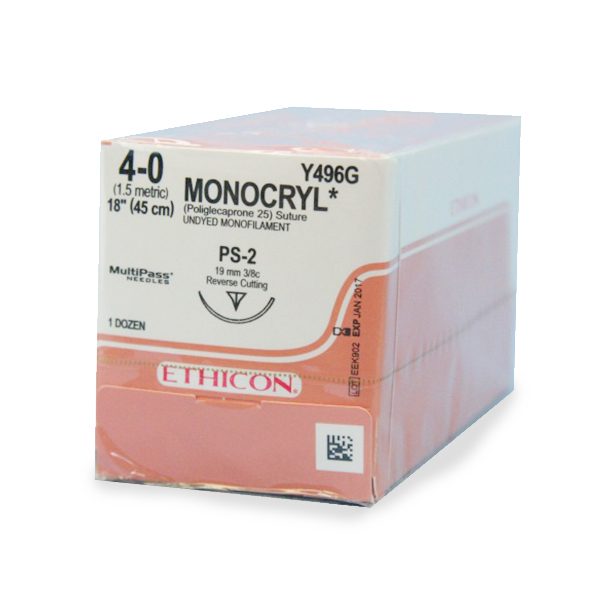 MONOCRYL 4-0 INCOLORO LONG 45 CM AGUJA PS-2 19MM 3/8 CIRCULO REVERSO CORTANTE PLASTICA