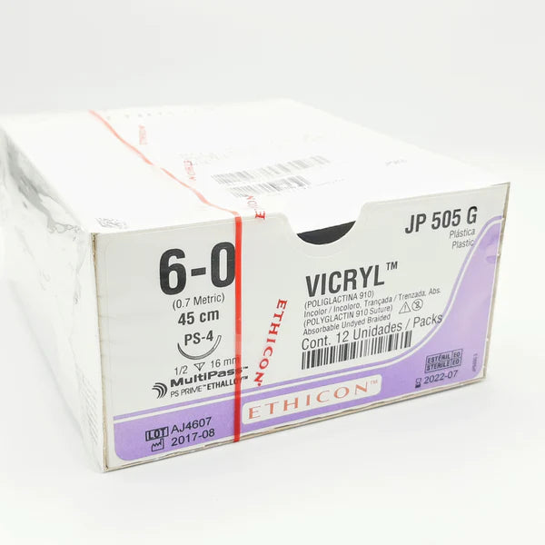 VICRYL Sutura de ácido poliglicolico 6-0 LONG.45CM AGUJA PS-4(16MM) 1/2 CIRCULO "REVERSO CORTANTE" PLASTICA.