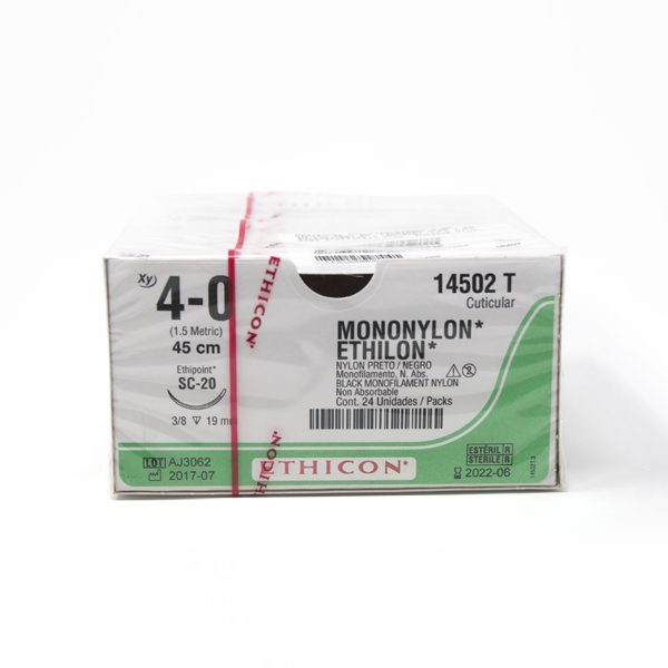 ETHILON Sutura de Nylon 4-0. LONG.45CM. AGUJASC-20(19MM). 3/8 CIRCULO"REVERSO CORTANTE" CUTICULAR.
