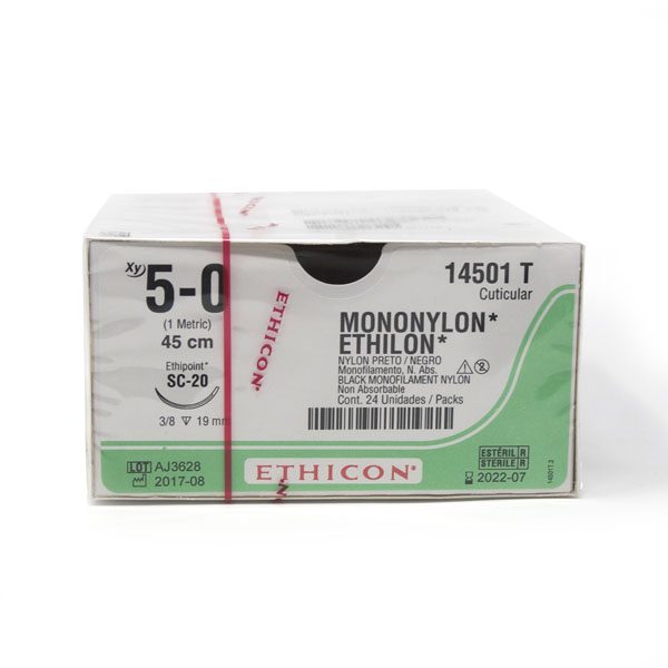 ETHILON Sutura de Nylon 5-0. LONG.45CM. AGUJASC-20(19MM). 3/8 CIRCULO"REVERSO CORTANTE" CUTICULAR.