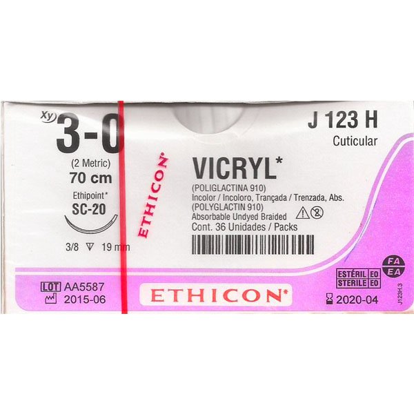 VICRYL Sutura de ácido poliglicolico incoloro 3-0. LONG. 70CM. AGUJA SC-(19MM) 3/8. CIRCULO"REVERSO CORTANTE" CUTICULAR.