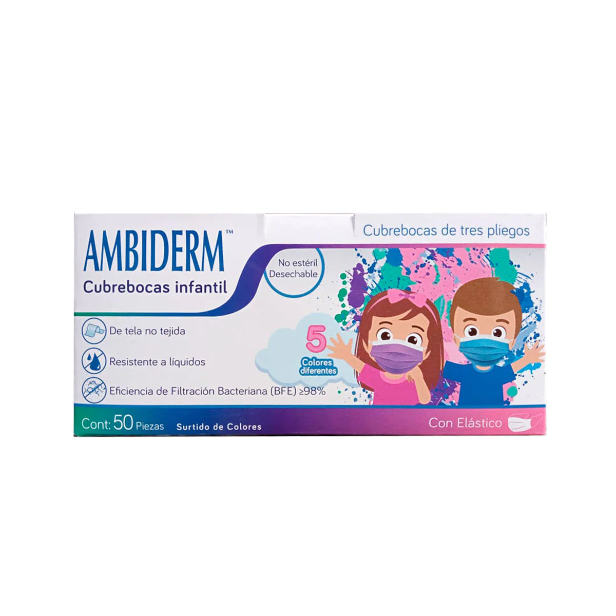 Cubrebocas Infantil de 3 capas plisado termosellado. Caja con 50 piezas varios colores.
