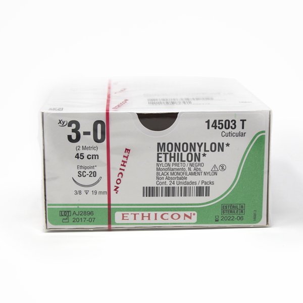 ETHILON Sutura de Nylon 3-0. LONG .45CM. AGUJA SC-20(19MM). 3/8 CIRCULO "REVERSO CORTANTE" CUTICULAR.