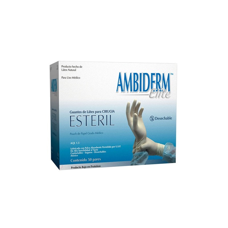 Guantes de látex para cirugía estéril Ambiderm Elite. Caja con 50 pares.