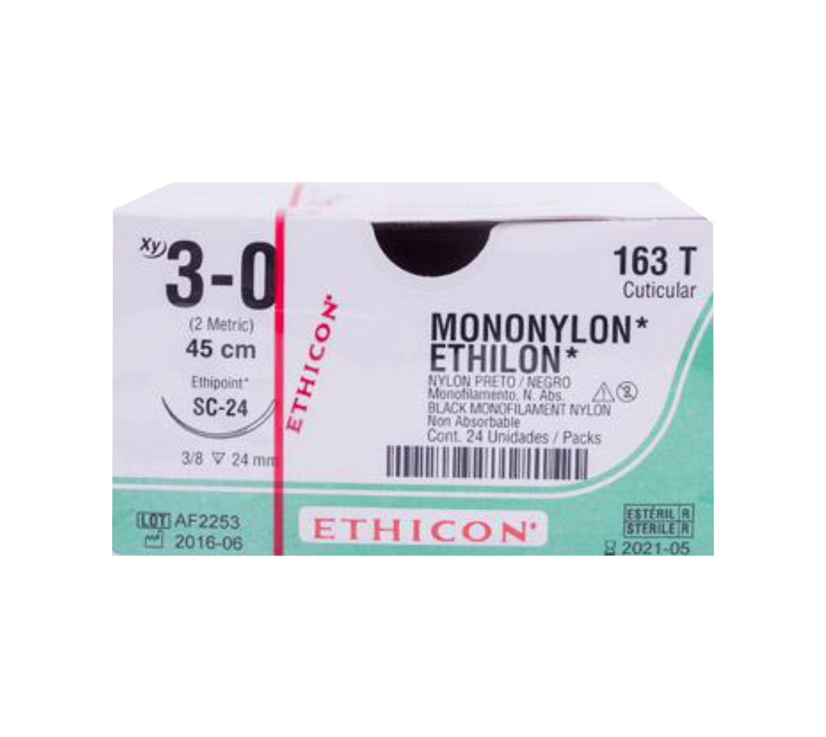 ETHILON Sutura de Nylon 3-0. 0LONG.45CM AGUJA SC-24(24MM) 3/8CIRCULO"REVERSO CORTANTE" CUTICULAR.
