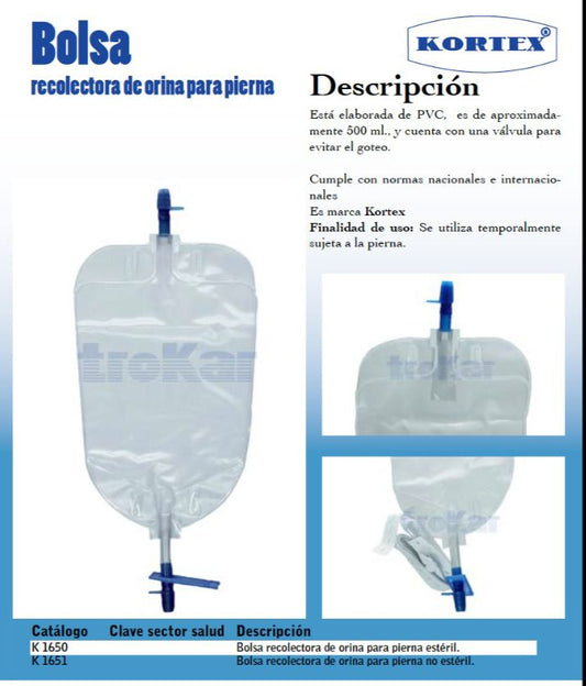 Bolsa recolectora de orina para pierna (estéril y no estéril).