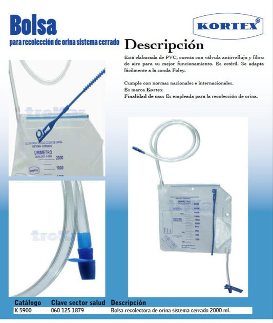 Bolsa recolectora de orina, sistema cerrado 2000 ml. (Urimetro)