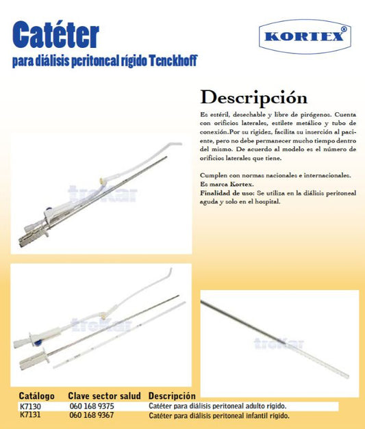 Catéter para diálisis peritoneal rígido Tenckhoff. Adulto e infantil.