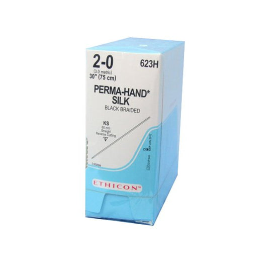 SUTURA DE SEDA, TRENZADA, CALIBRE 2/0, AGUJA REVERSO CORTANTE RECTA