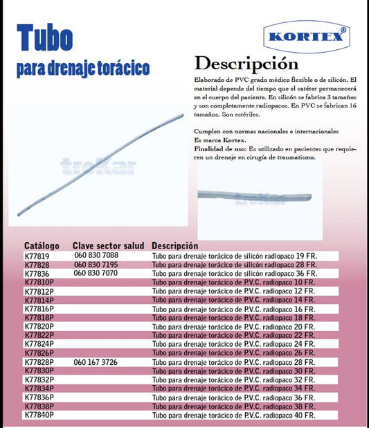 Tubo para drenaje torácico radiopaco (silicón o PVC)