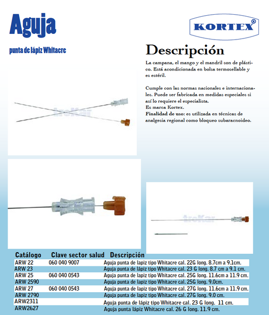 Aguja punta de lápiz tipo Whitacre. Varias medidas.