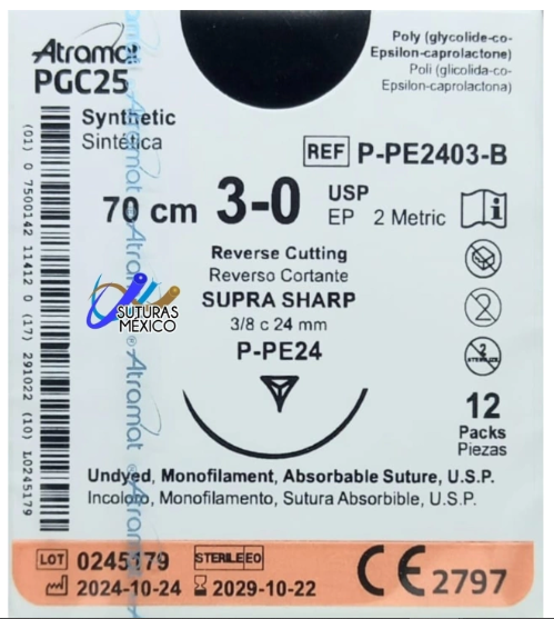PGC25 3-0 (Monocryl) Aguja Cortante Precisión de 24 mm Hebra 70 CM Incoloro Linea Convencional Atramat