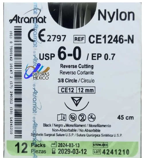 Sutura Nylon 6-0 Aguja Cortante de 12 mm Hebra 45 Marca Atramat  Caja con 12 Piezas