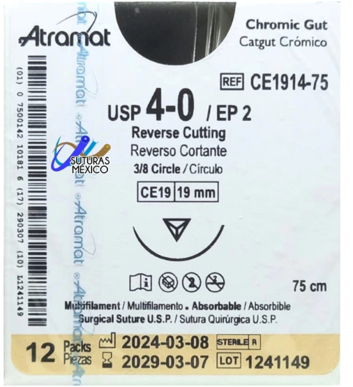 Catgut Crómico 4-0 Aguja Reverso de 19 mm Hebra 75 cms Marca Atramat