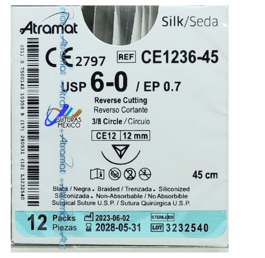 Seda 6-0 Aguja Reverso Cortante de 12 mm Hebra 45 Marca Atramat CE1236-45  Caja con 12 Piezas