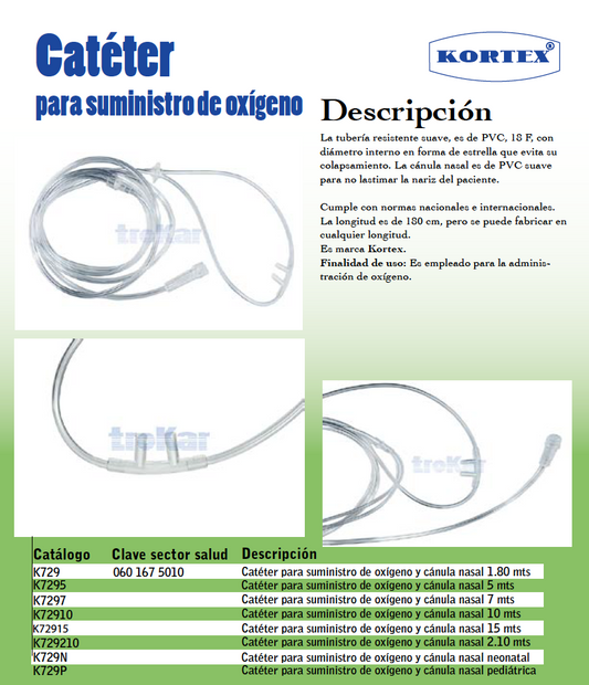 Catéter para suministro de oxígeno y cánula nasal (Puntas nasales) adulto, pediátrico y neonatal