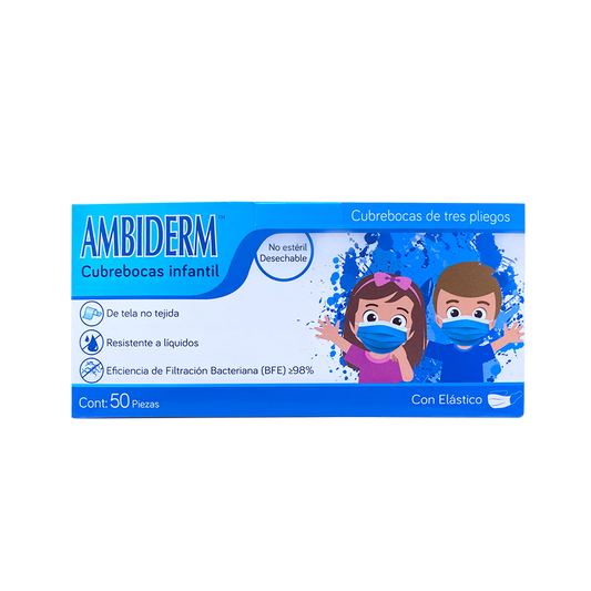 Cubrebocas Infantil de 3 capas plisado termosellado. Caja con 50 piezas varios colores.